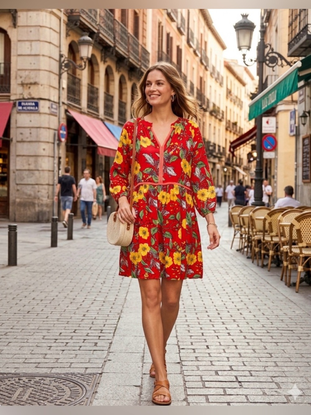 Vibrant Red Floral Mini Dress with V-Neck